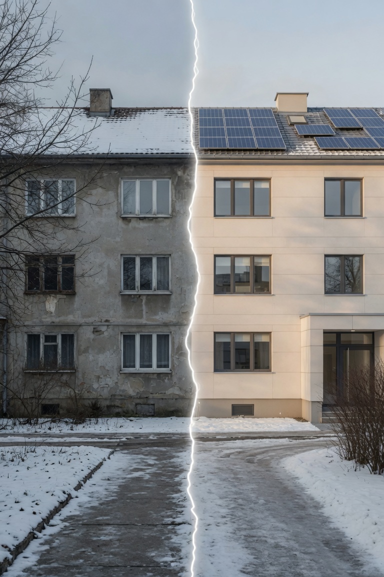 Vorgefertigte, gedämmte Fassadenelemente für die serielle Sanierung